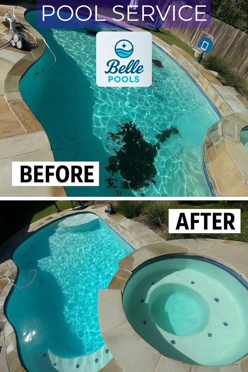 Belle Pools before-and-after service photo showing a dark pool restored to clear blue water